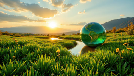 green sphere landscape with grass and clear water, subject on right with goldenrod tones under bright dawn, ample copy space on the left.の素材
