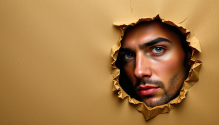 male face peeking through a hole in paper on the right side of the image, illuminated by floodlights, clear copy space on the left for text or graphics.の素材