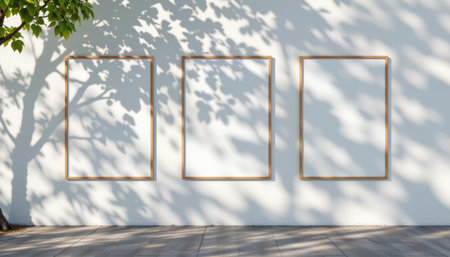 subject on left side, blank poster frames on white wall with tree leaf shadows, vibrant lime tones, copyspace on right.の素材