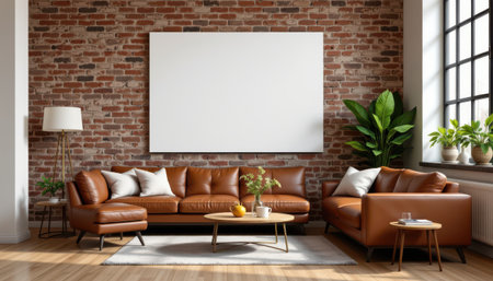 blank canvas mockup setting: modern loft style living room furniture: brown leather sofas, brick wall position: subject on the left, copy space on the right.の素材