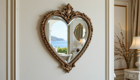 hyper realistic handmade heart shaped venetian mirror with french style and beveled edges mounted on a wall in a luxurious hotel villa or resortの素材