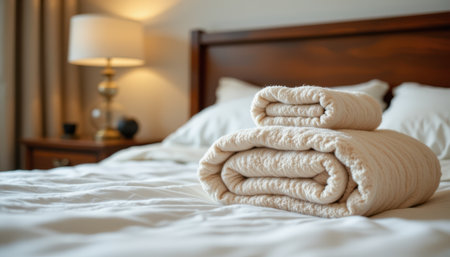 closeup of a stack of fluffy towels on a bed in a bedroom, with the subject positioned on the right side of the image, ample copy space is available on the left side for text or design elements.の素材