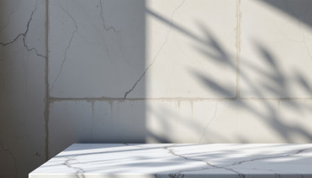 minimal white marble table corner with tree shadow on concrete wall background, subject on the left with clear copy space on the right for product presentation and mockup.の素材