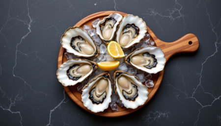 top view of a half dozen fresh oysters with ice and lemon on a wooden board, placed on a dark slate table, subject positioned at the bottom with copy space at the top for photo use.の素材