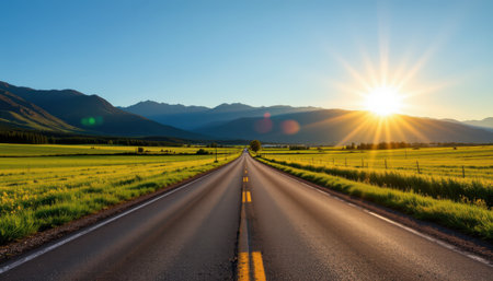 capture a serene outdoor landscape with a straight asphalt street cutting through lush green fields, framed by majestic mountains under a clear blue skyの素材
