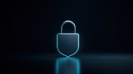 Futuristic glowing padlock icon on dark background symbolizing security, privacy, and online protection in digital worldの素材