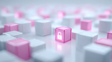 Digital Security Concept with Pink Lock Block among White Blocks on a Soft Focus Backgroundの素材
