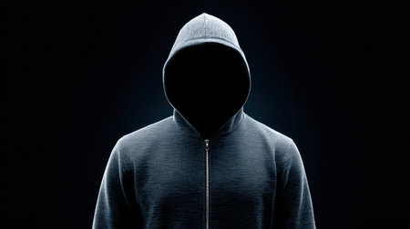 Mysterious figure in hoodie with dark background conveying anonymity and intrigue in a dramatic lighting setupの素材