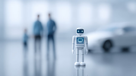 Friendly robot standing in a modern space with two blurred people in the background, showcasing technology and innovationの素材