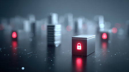 Dynamic red lock icons floating over server towers glowing softly conveying security cool blue lighting top-down view in a tech hub.の素材