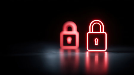 Red lock symbols glowing ominously against a dark backdrop conveying security dramatic lighting close-up shot tech-themed setting.の素材