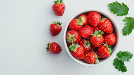 Simple white background with strawberries inside subtle-toned cup, clean lines, contemporary food minimalismの素材