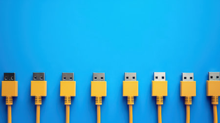 Minimalist photo of Ethernet connectors framed by textured blue backdrop, concept of high-speed data and connectivity essentialsの素材