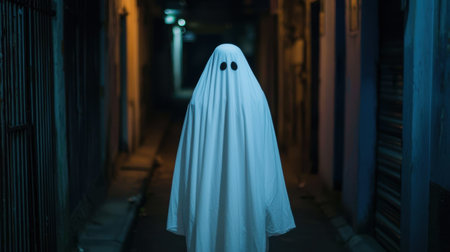 Ethereal ghost draped in white fabric in dimly lit alleyway, rain-soaked stones reflecting moody urban lights, eerie calmの素材