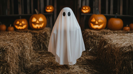 Ghost figure in white sheet standing among hay bales, carved pumpkins glowing in background, festive and spooky Halloween vibeの素材