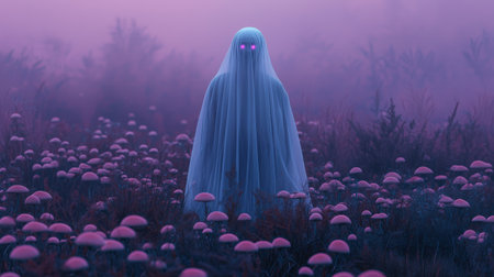 Ethereal ghost hovering above glowing fungi in misty meadow, twilight hues blending with enchanted landscapeの素材