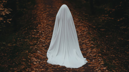 Ghostly figure in flowing white cloth hovers on leaf-covered trail, fall foliage, moody forest mist, magical eerie vibeの素材