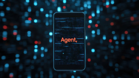 Glowing smartphone floating in dark space displaying "AI Agent," symbolizing artificial intelligence and AGI in future virtual support rolesの素材