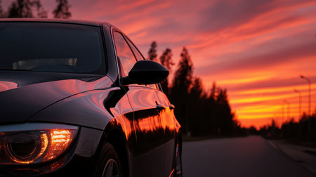 Stylish car parked on a quiet road with breathtaking sunset colors featuring dramatic hues of orange and purple illuminating the evening skyの素材