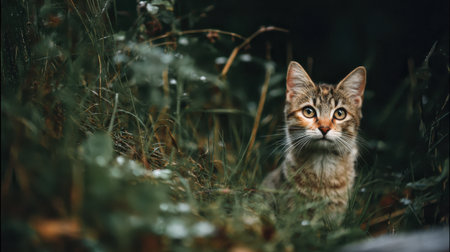 Curious Cat in Lush Green Grass, Captivating Eyes Gaze into the Distance, Nature's Beauty, Feline Friend Amidst Wild Vegetation under Soft Lightの素材