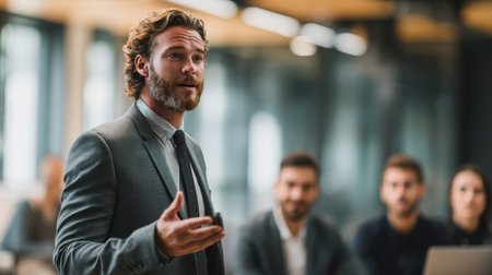 Professional man presents ideas to engaged audience in modern office environment during a business meeting with focus on collaboration and innovationの素材