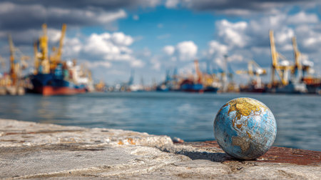 Globe on Waterfront with Ships in Background Under Cloudy Sky, Symbolizing Global Trade and Connection Between Nationsの素材