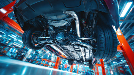 Underneath Perspective of a Modern Car in an Automotive Workshop with Bright Lighting and Professional Equipment in the Backgroundの素材