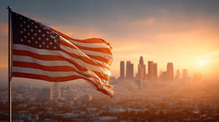 Majestic American Flag Flutters Against Vibrant Sunset Over Los Angeles City Skyline with Glowing Skyscrapersの素材
