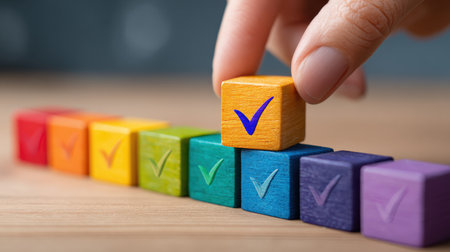 Colorful Wooden Blocks Stacked with Checkmarks, Symbolizing Progress and Achievement in a Creative Workspace Settingの素材
