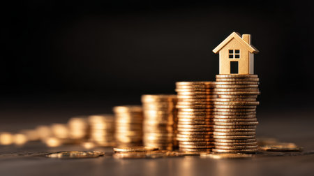 Golden Coins and House Figurine Representing Investment in Real Estate, Wealth Building, Property Ownership, and Financial Growth Concepts in a Dark Backgroundの素材