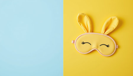 cute bunny ear sleep mask on the right with bright yellow tones, ample copy space on the left for cozy relaxation and stylish fort.の素材