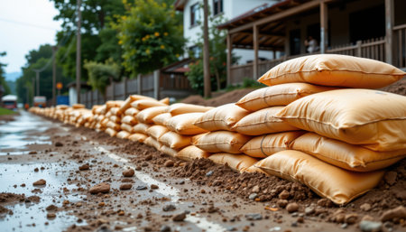 sandbags used for flood zone damage control position at the top with clear copy space at the bottom.の素材