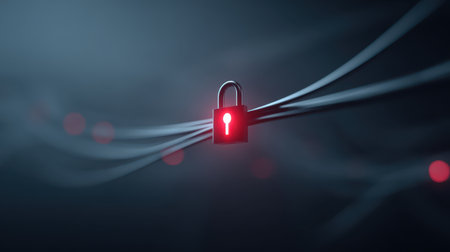 Intricate red-lit lock amidst tangled wires symbolizing security dramatic shadows low angle shot tech-inspired backdrop.の素材