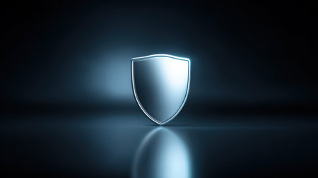 Shiny Metallic Shield on a Dark Background Symbolizing Protection and Security in Digital and Physical Worldsの素材