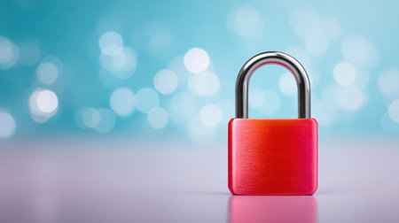 Bright red padlock on a colorful abstract background standing tall symbolizing security vivid lighting close-up shot.の素材