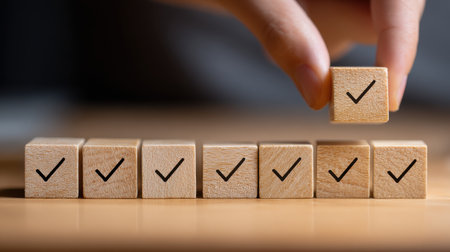Progress and Achievement Representation with Wooden Blocks and Hand Showing Checkmarks for Success in Various Tasks and Goalsの素材