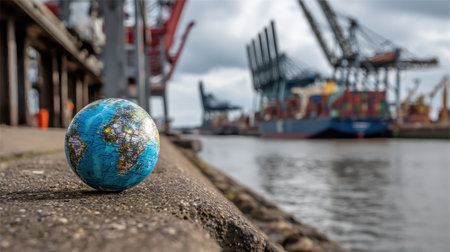 Globe Positioned on Waterfront Near Shipping Port with Cranes and Cargo Containers in Background at Dusk Under Dramatic Skyの素材