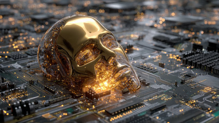 Futuristic Concept of AI and Technology with a Golden Human-Like Face Embedded in a Circuit Board with Glowing Lights and Intricate Detailsの素材