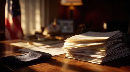 A Cozy Office Desk with a Pile of Documents, an American Flag, and Soft Lighting Creating an Inviting Work Atmosphere for Productivity and Focusの素材
