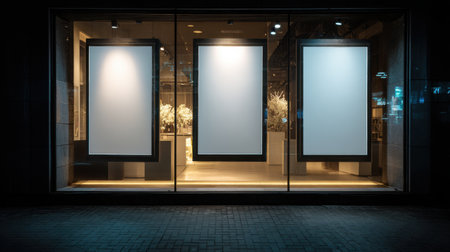 Modern retail window display with three empty frames showcasing minimalist design and creative potential for advertising and promotional use in urban settingsの素材