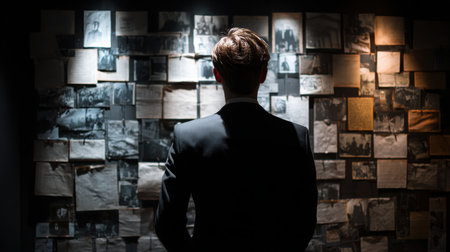 Thoughtful Man in Suit Gazing at Vintage Photo Wall in Dimly Lit Gallery, Evoking Reflection and Nostalgia for the Past and its Storiesの素材