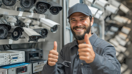 Technician with Smile Standing Among Surveillance Cameras in Security Equipment Room Celebrating Happy Moment with Thumbs Up Gestureの素材