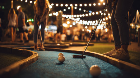 Fun-filled night at a vibrant mini-golf course featuring illuminated string lights and joyful players enjoying the game of putting in a lively atmosphereの素材