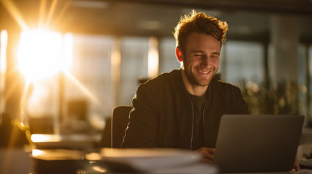 Young man smiling at laptop in modern office workspace with warm sunlight streaming through windows, conveying happiness and productivity during work hoursの素材