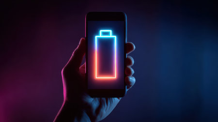 Glowing Smartphone Battery Icon in Hand Against a Dark Background with Neon Colors for Energy and Technology Themesの素材