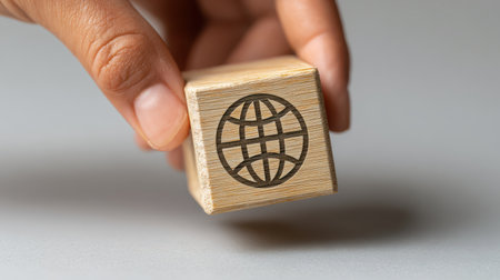 Wooden block with globe symbol held in hand, representing global connectivity, travel, and international communication in business or education settingの素材