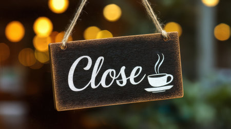 Wooden Sign with the Word 'Close' and Coffee Cup Illustration Hanging with Bokeh Background in a Cozy Cafe Settingの素材
