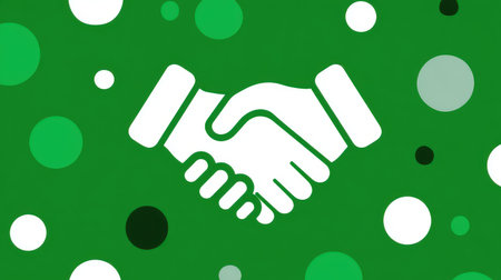 Symbolic handshake graphic representing partnership, collaboration, and agreement on a vibrant green background with abstract circular designsの素材