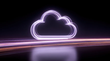 Abstract Neon Cloud Illustration with Light Trails on a Dark Background for Digital Technology and Creative Design Conceptsの素材