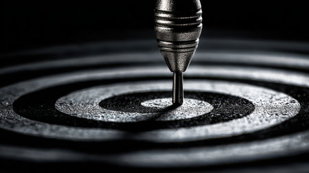 Close-Up of a Dart Hitting the Center of a Black and White Spiral Target with Dramatic Lighting and Sharp Shadows for Focus and Precision Themesの素材